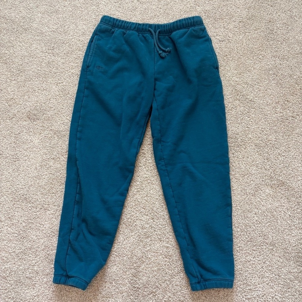 SET Active Joggers Womens S Teal Blue Cotton Fleece Sweatpants Sporty Lounge